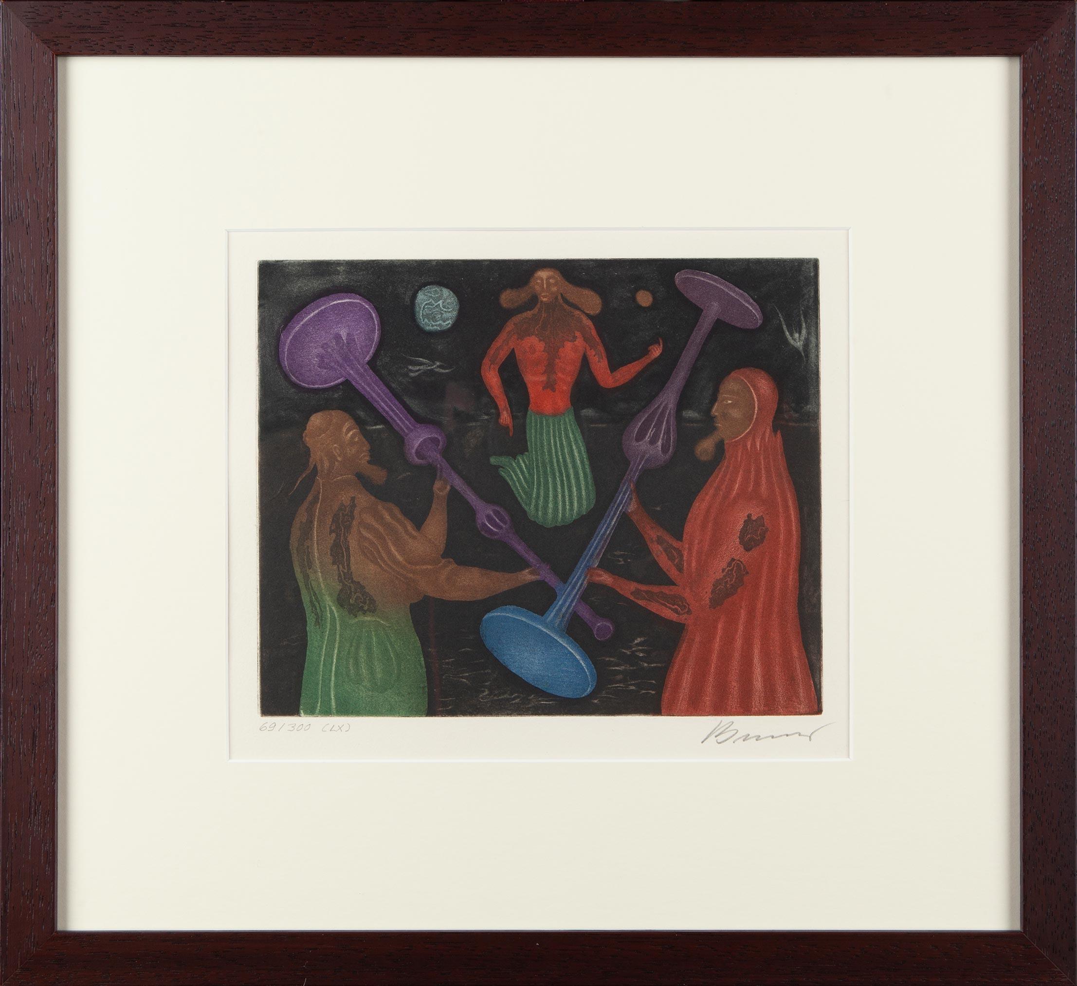 Brauer’s 1973 illustrations for The Hasidic Tales are extraordinary examples of etching pushed to its expressive limits. Through the masterful use of layered aquatint, Brauer achieves a richness of color and saturation that defies traditional