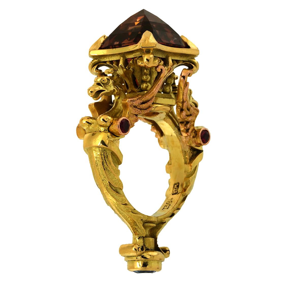 10.65ct Peach Tourmaline, Sapphire, Rubies, 18k Yellow Gold Antique Style Ring For Sale 8