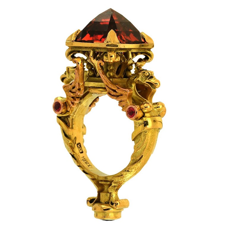 10.65ct Peach Tourmaline, Sapphire, Rubies, 18k Yellow Gold Antique Style Ring  For Sale 9