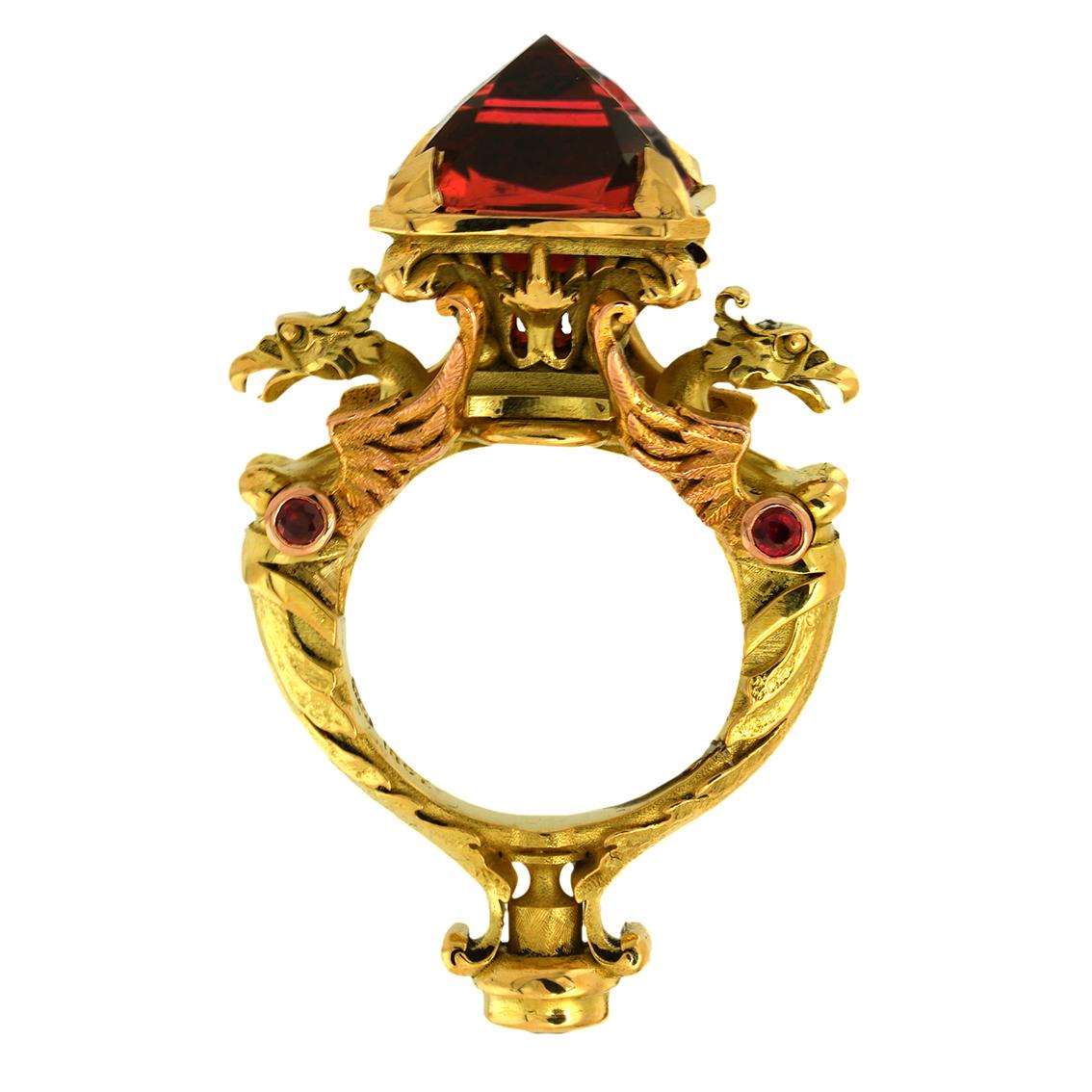 10.65ct Peach Tourmaline, Sapphire, Rubies, 18k Yellow Gold Antique Style Ring For Sale 10