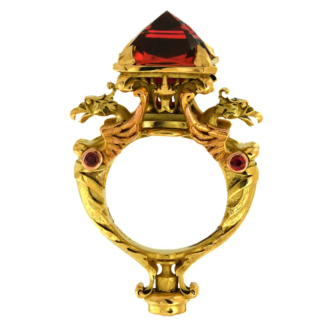 10.65ct Peach Tourmaline, Sapphire, Rubies, 18k Yellow Gold Antique Style Ring  For Sale 10