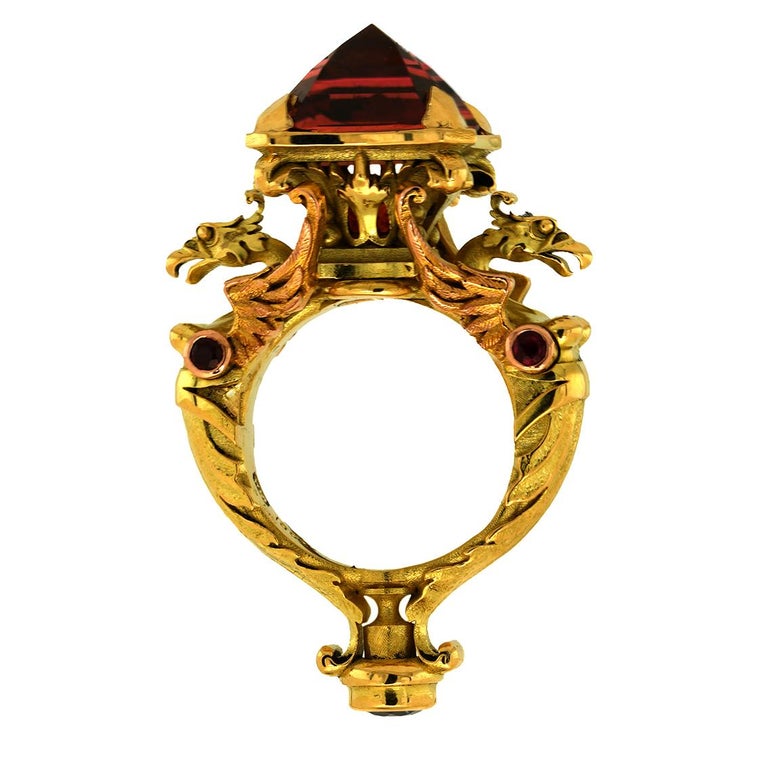 10.65ct Peach Tourmaline, Sapphire, Rubies, 18k Yellow Gold Antique Style Ring  For Sale 11