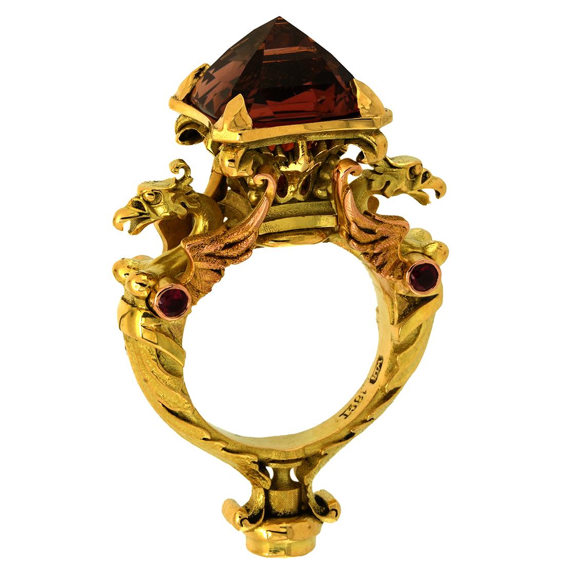 10.65ct Peach Tourmaline, Sapphire, Rubies, 18k Yellow Gold Antique Style Ring For Sale 13