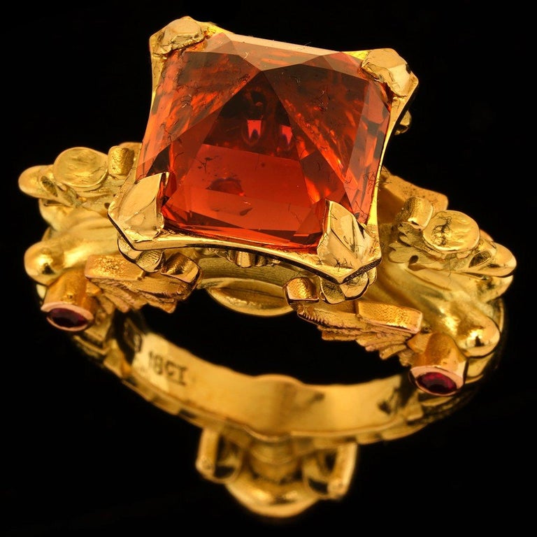 Women's or Men's 10.65ct Peach Tourmaline, Sapphire, Rubies, 18k Yellow Gold Antique Style Ring  For Sale