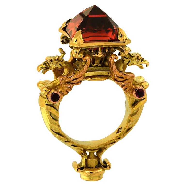 10.65ct Peach Tourmaline, Sapphire, Rubies, 18k Yellow Gold Antique Style Ring  For Sale