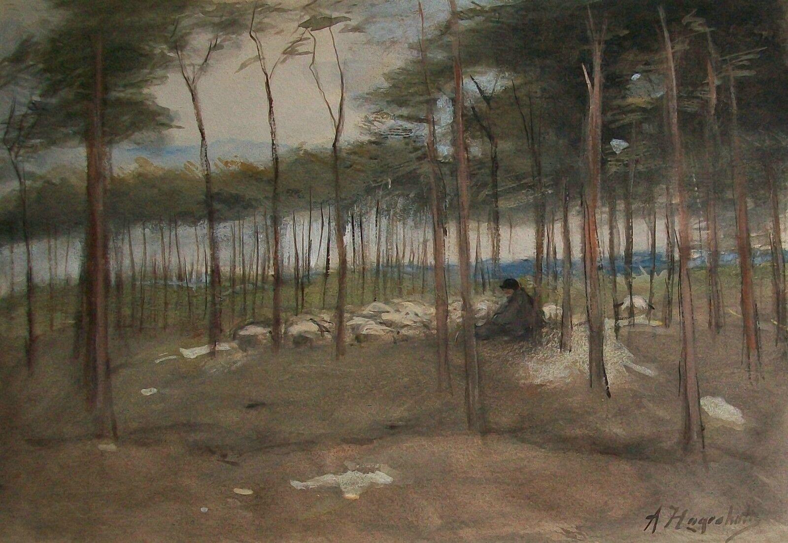 Arina Hugenholtz (1848-1934) - Untitled - Extraordinary watercolor and gouache painting on paper - depicting a shepherd and his sheep resting under trees next to a lake - signed lower right - Netherlands (Laren) - late 19th century.

Excellent