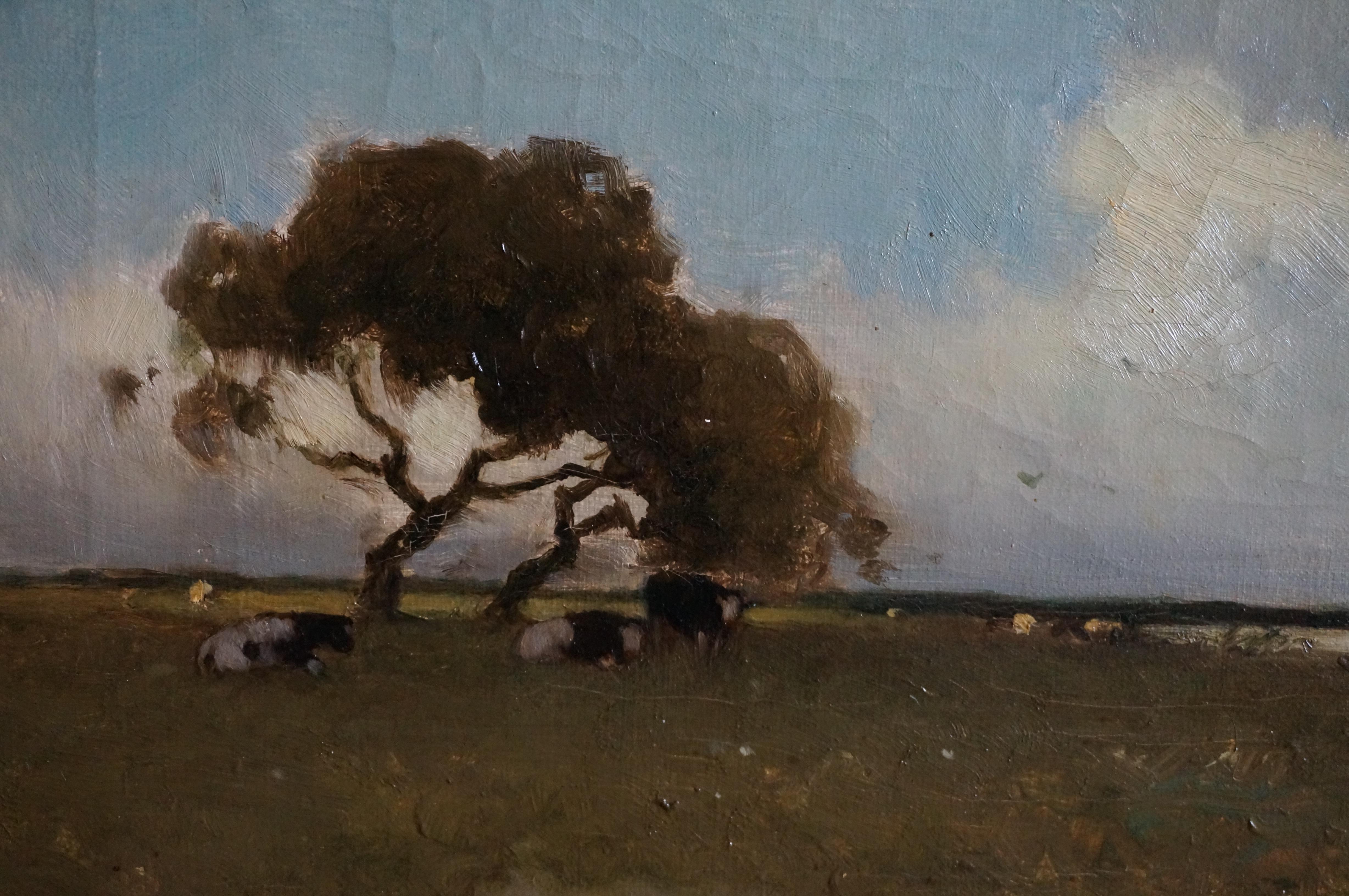 Aris Knikker (1887 - 19662)
Dutch landscape with cows resting underneath a tree and windmill on the horizon
Signed lower right A. Knikker
Oil on canvas
Dimensions excl. frame: 29.5 x 42 cm.
Dimensions incl. frame: 57 x 69 cm.

In fair condition,