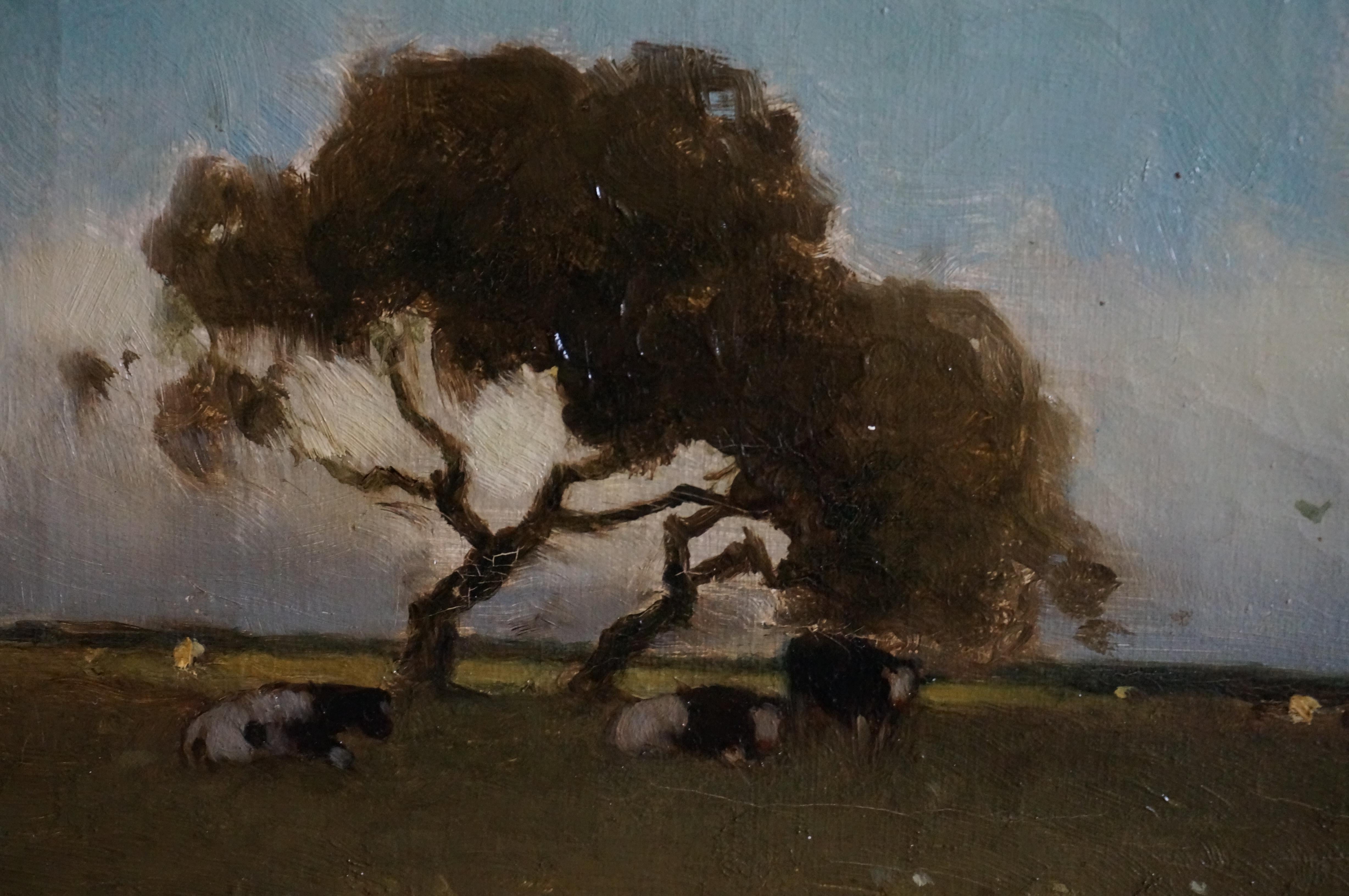 Dutch landscape with cows resting underneath a tree and windmill on the horizon For Sale 1