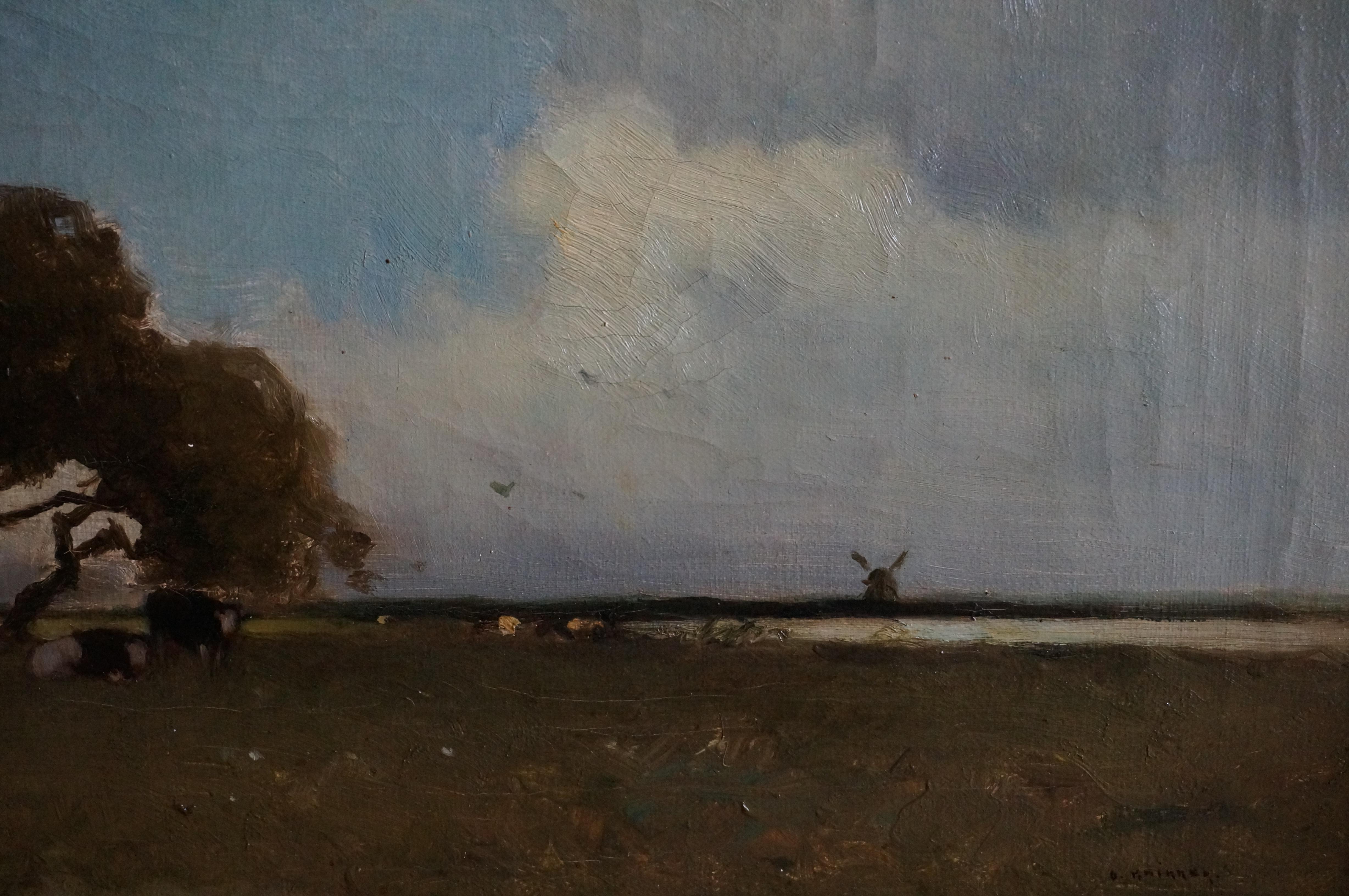 Dutch landscape with cows resting underneath a tree and windmill on the horizon For Sale 2