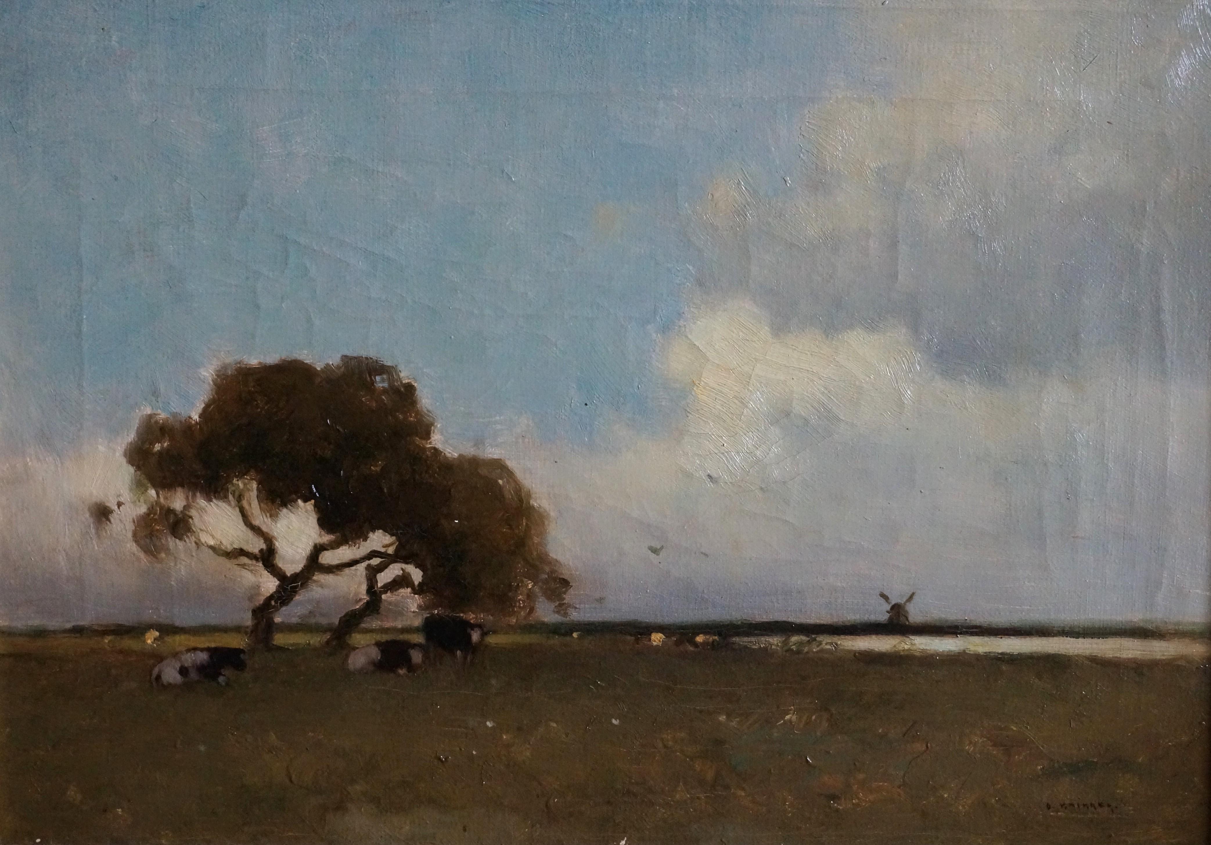 Dutch landscape with cows resting underneath a tree and windmill on the horizon