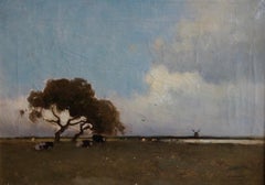 Antique Dutch landscape with cows resting underneath a tree and windmill on the horizon