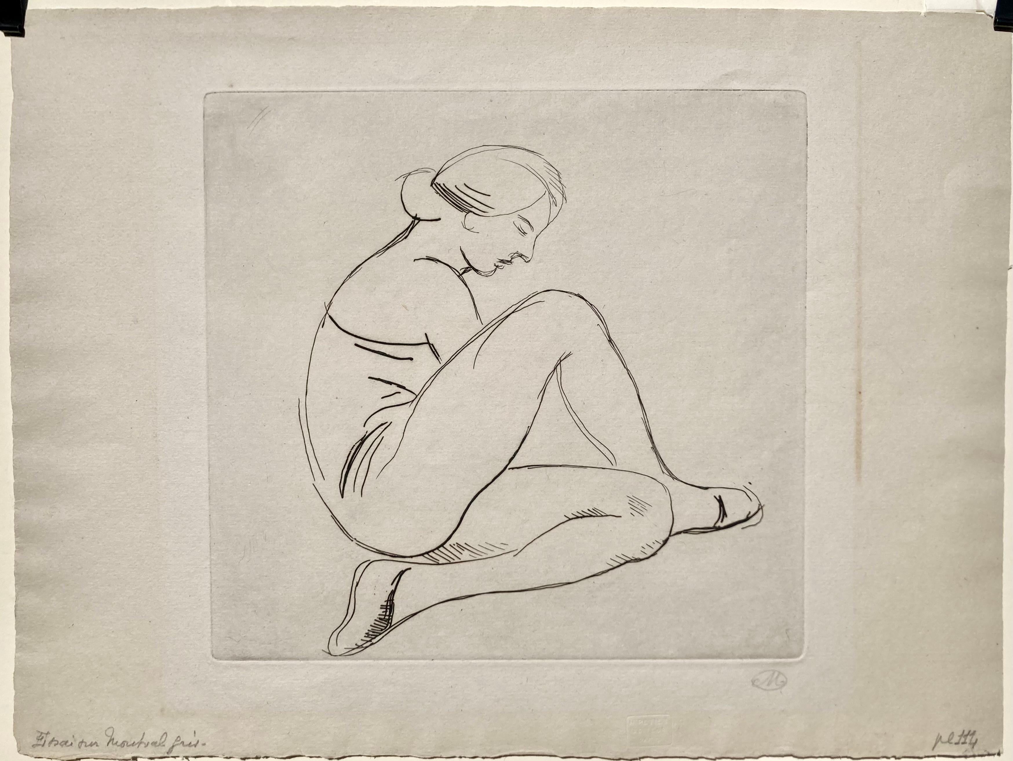 ARISTIDE MAILLOL (1861-1944)

FEMME ASSISE /
(WOMAN SEATED IN PROFILE, RIGHT, ONE LEG BENT. ONE LEG RAISED), 1926 (Gueirn 321)
Etching signed with “M” monogram in pencil. Image 9 x 9 ½”, full sheet 11 3/4” x 15 ¾”
Blind stamp of H. Petiet Editeur,