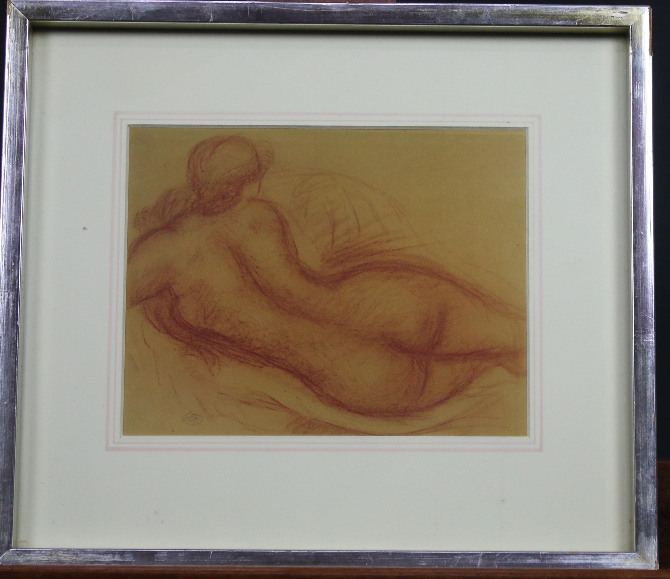 Colotype print reclining nude, monogram imprinted.