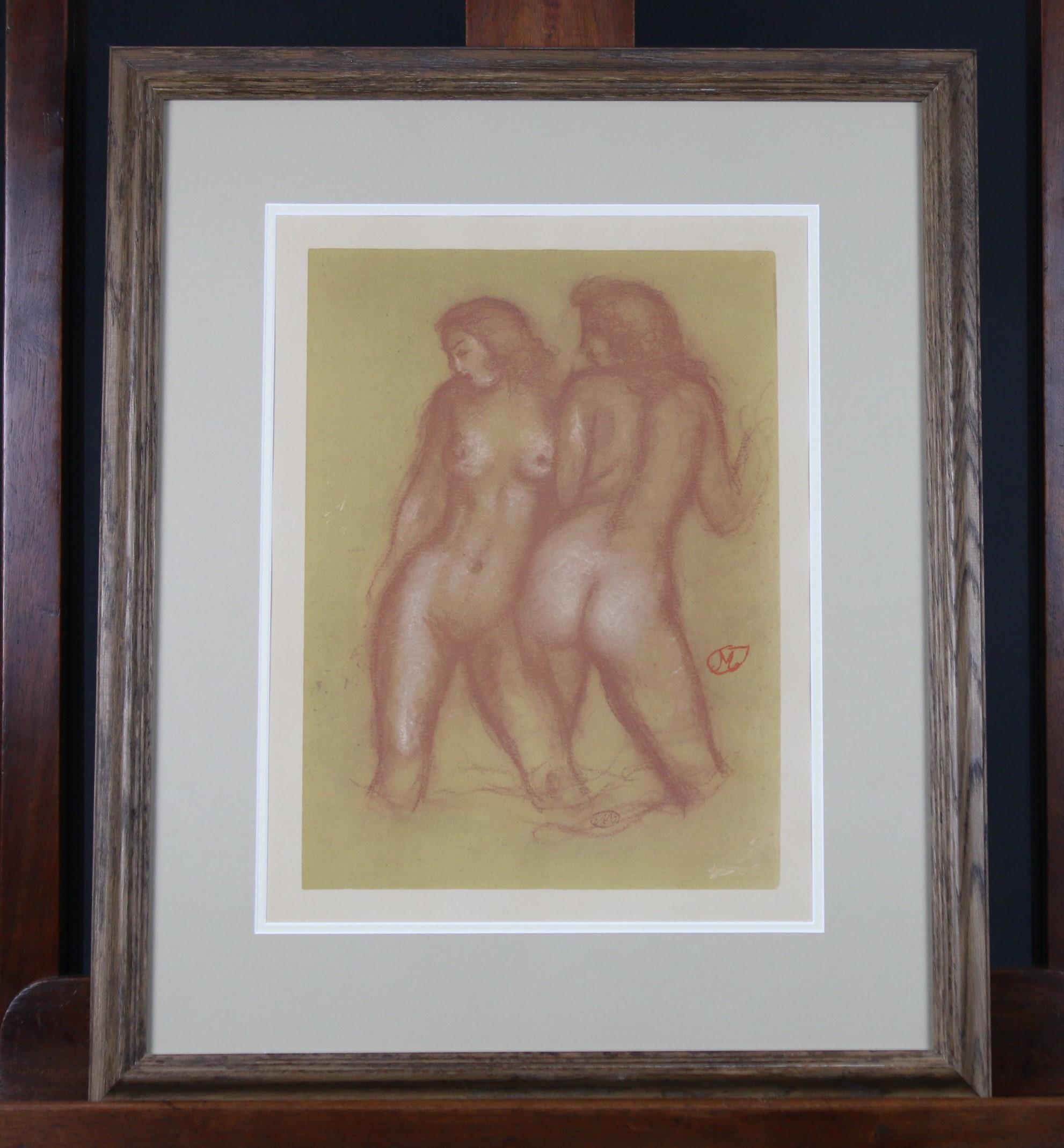 Lithograph, two nudes, monogram in the print and monogram signed in red crayon, also on original hand made paper for Maillol with stamp.
