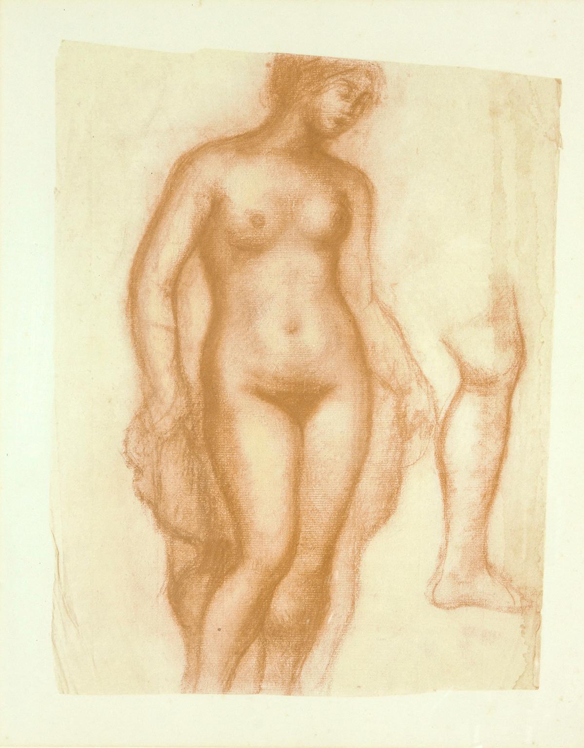 Framed lithograph of a female nude pastel by artist Aristide Maillol. Image size: 12 1/2 x 9 1/2 inches. Framed under glass in wooden frame.