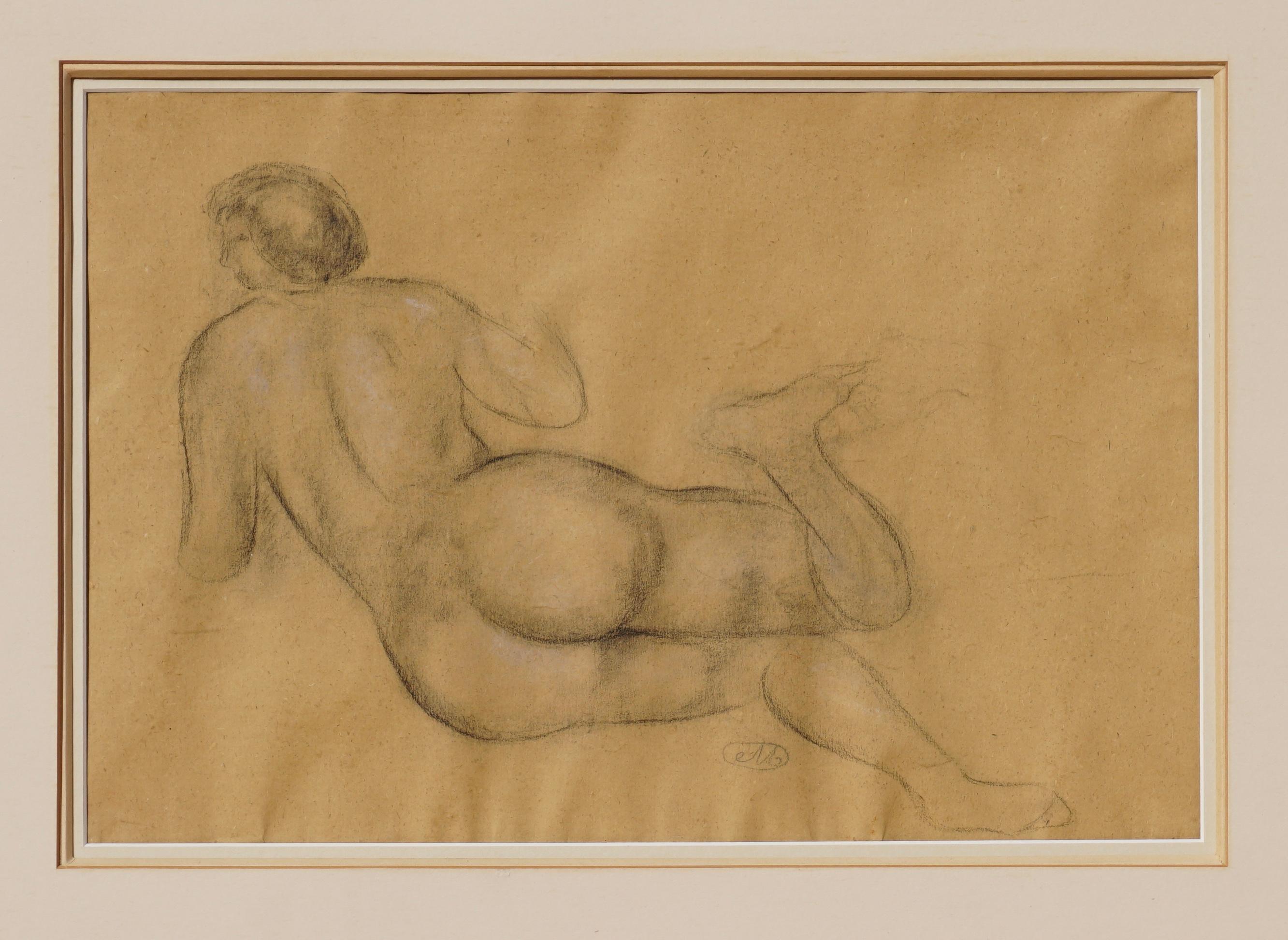 Hand-Painted Aristide Maillol Charcoal Drawing “Nu De Dos” 