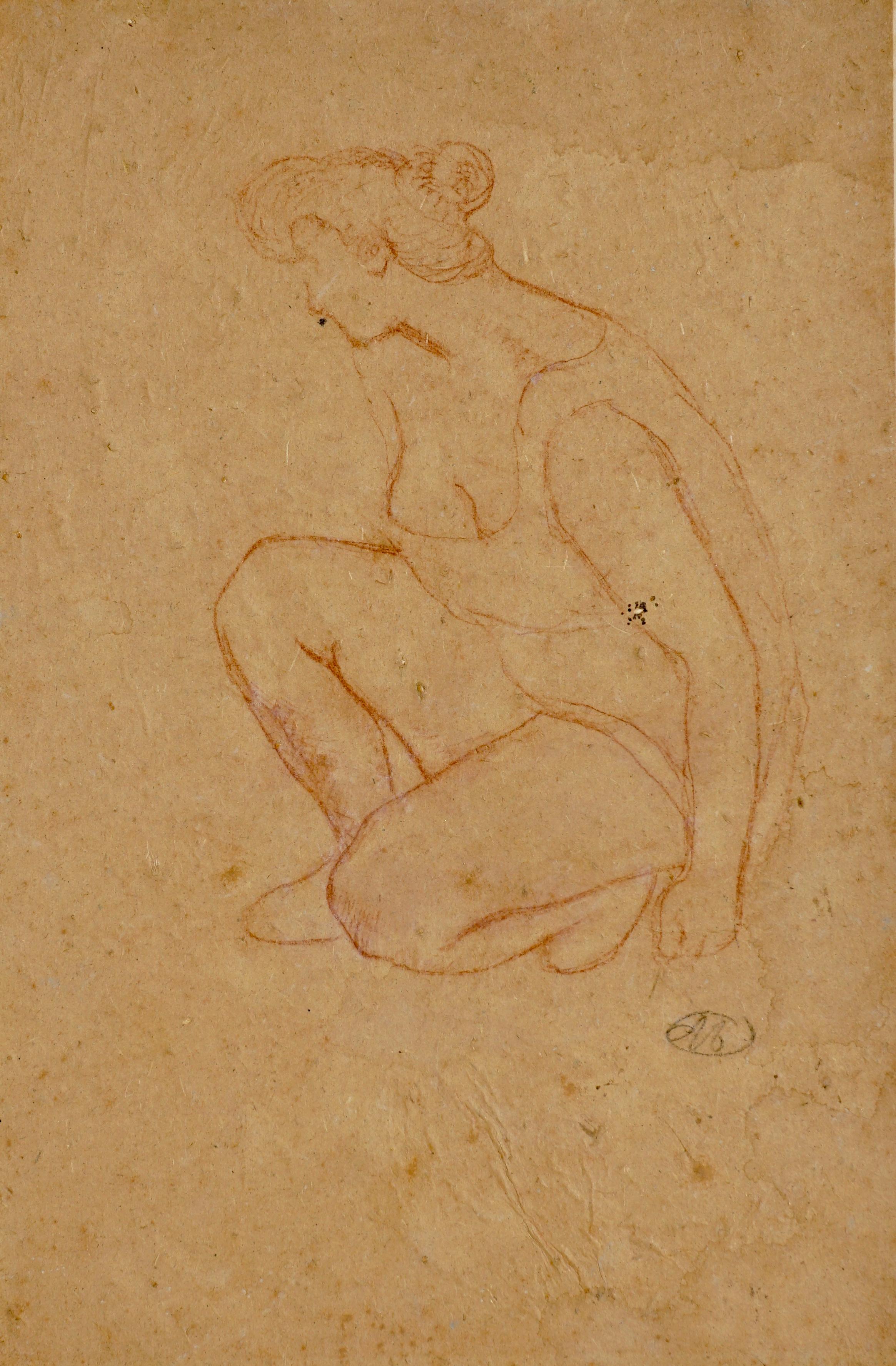 Aristide Maillol painting sketch or study of a Kneeling Woman, red crayon sanguine on buff paper; signed lower right in black crayon with monogram 