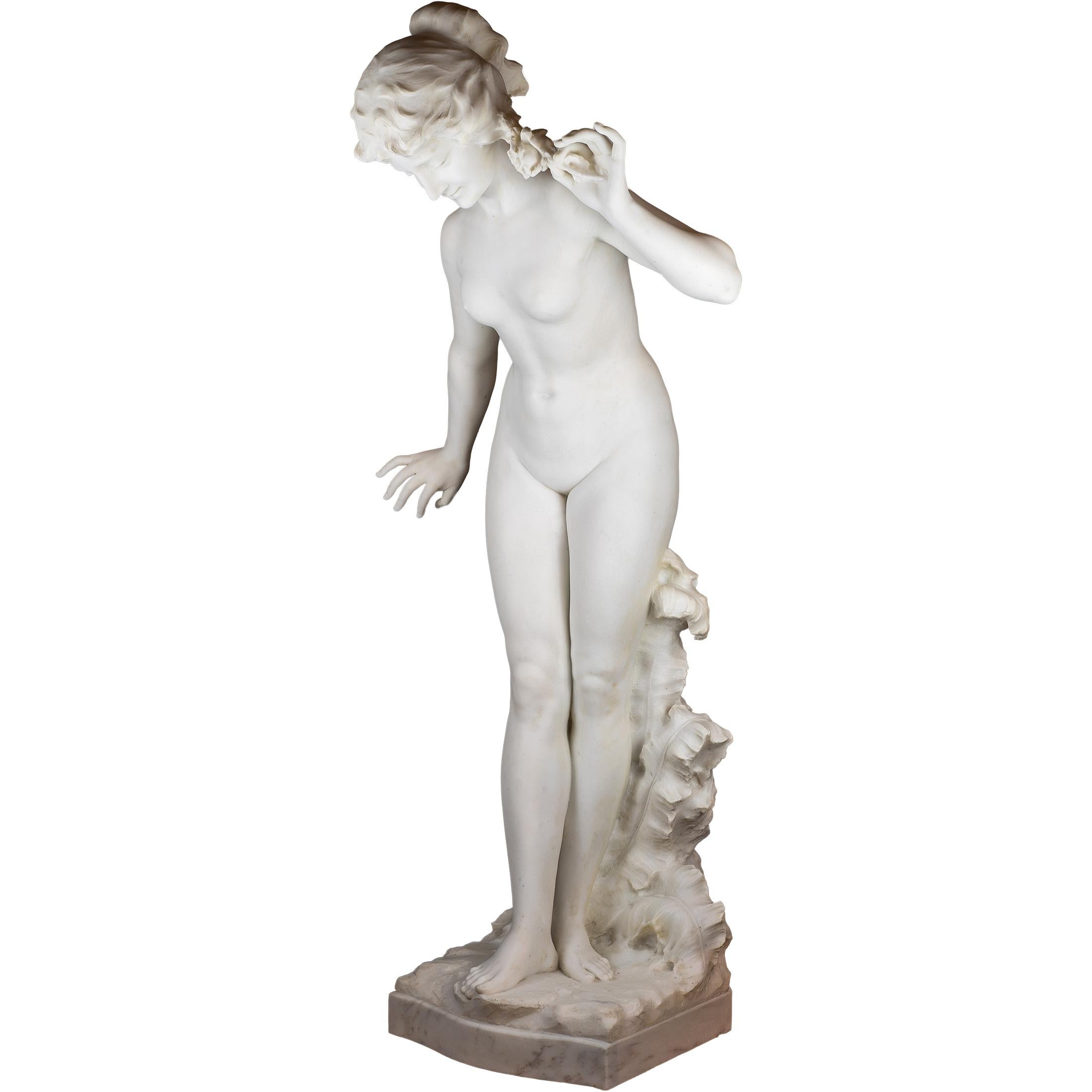 ARISTIDE PETRILLI 
Italian, (1868-1930)

Flora (Allegory of Spring)
Signed Prof Pedrilli; Galleria Bazzanti Firenze
49 inches high (Statue); 32 3/4 x 19 1/4 inches (Pedestal)


Notes: Finely carved Italian carrara marble of a nude beauty signed Prof