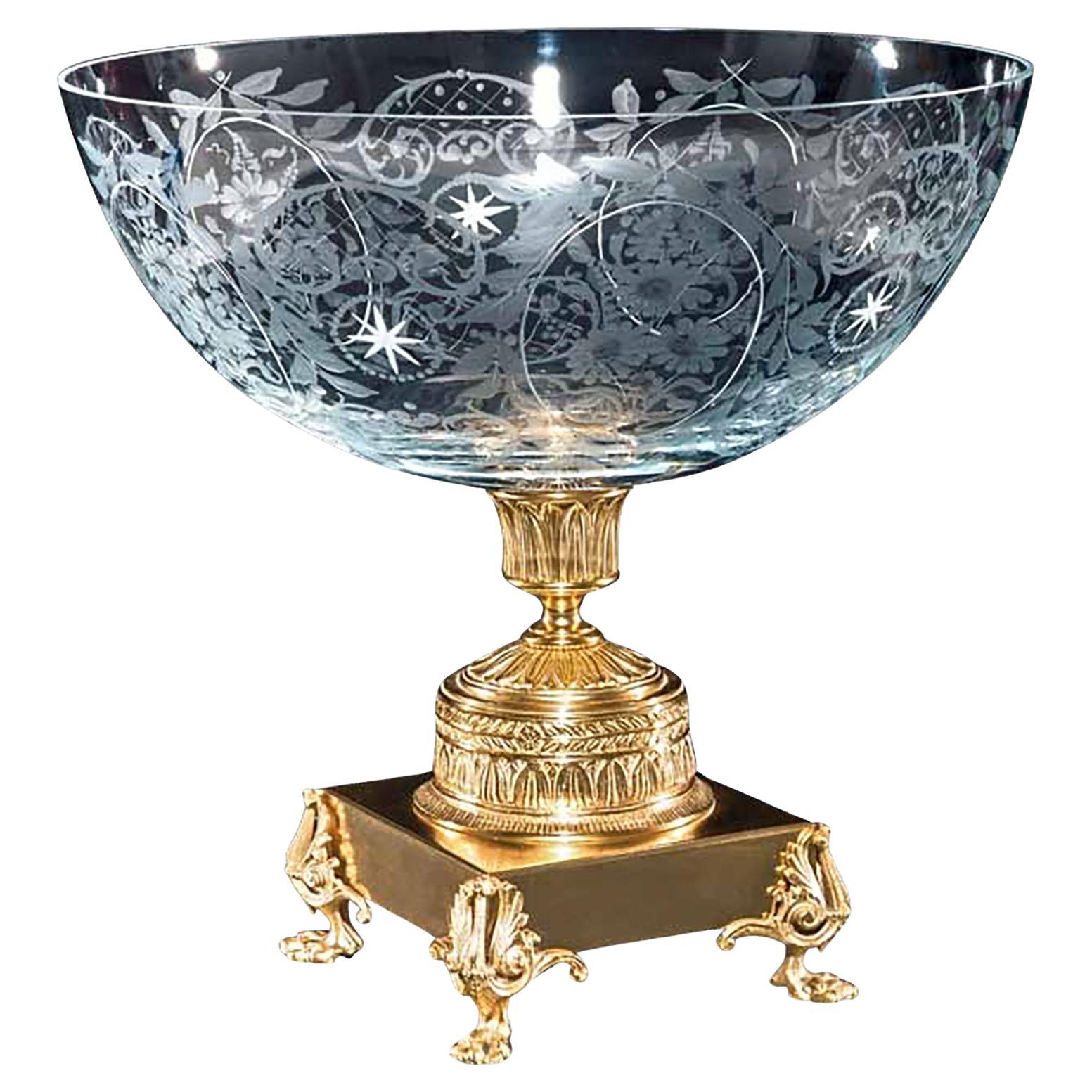 Aristocratic Glass Fruit Bowl on Bronze Stand by Vetrerie di Empoli
