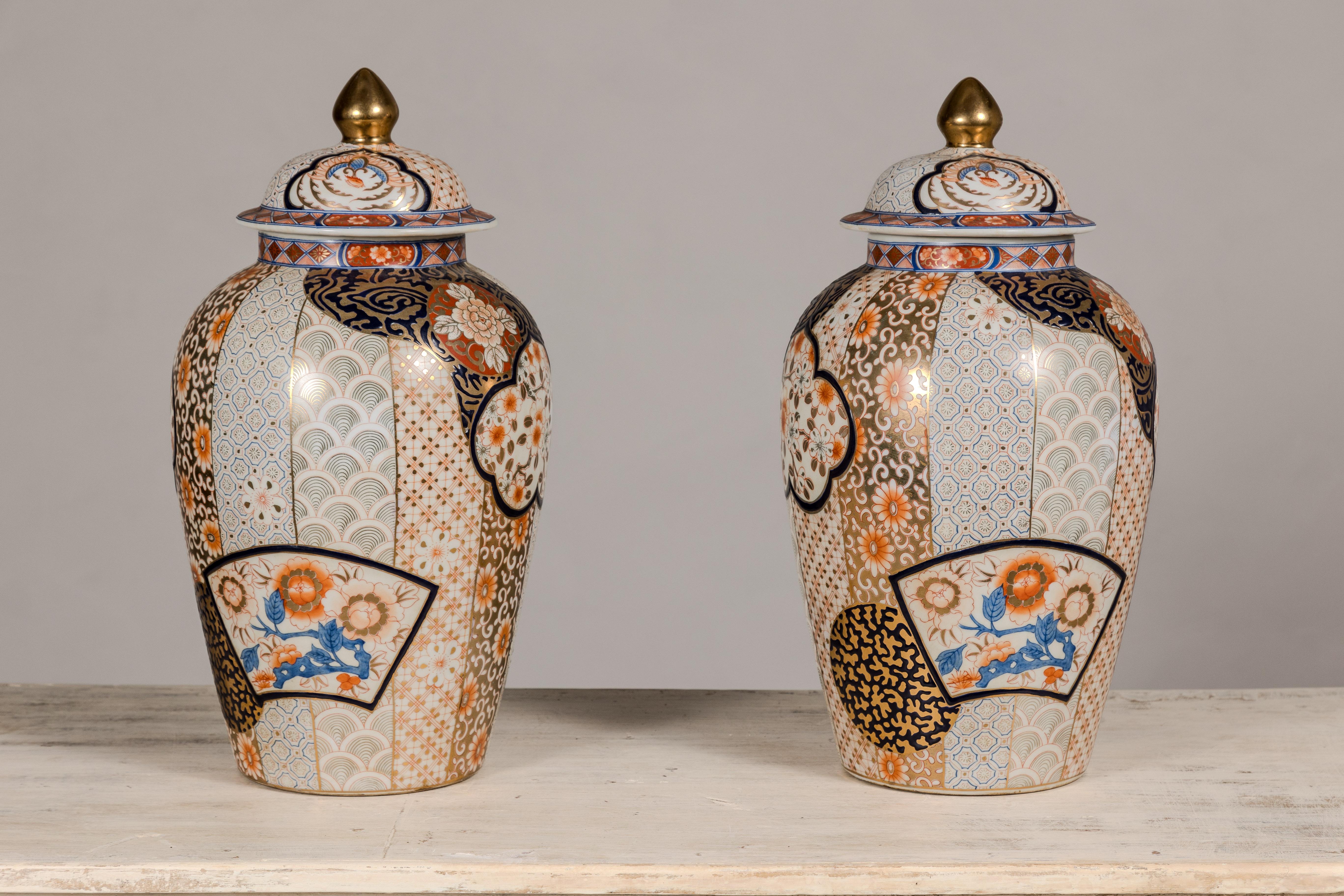 Arita Japanese Style Lidded Jars with Gold, Blue and Orange Floral Motifs For Sale 5