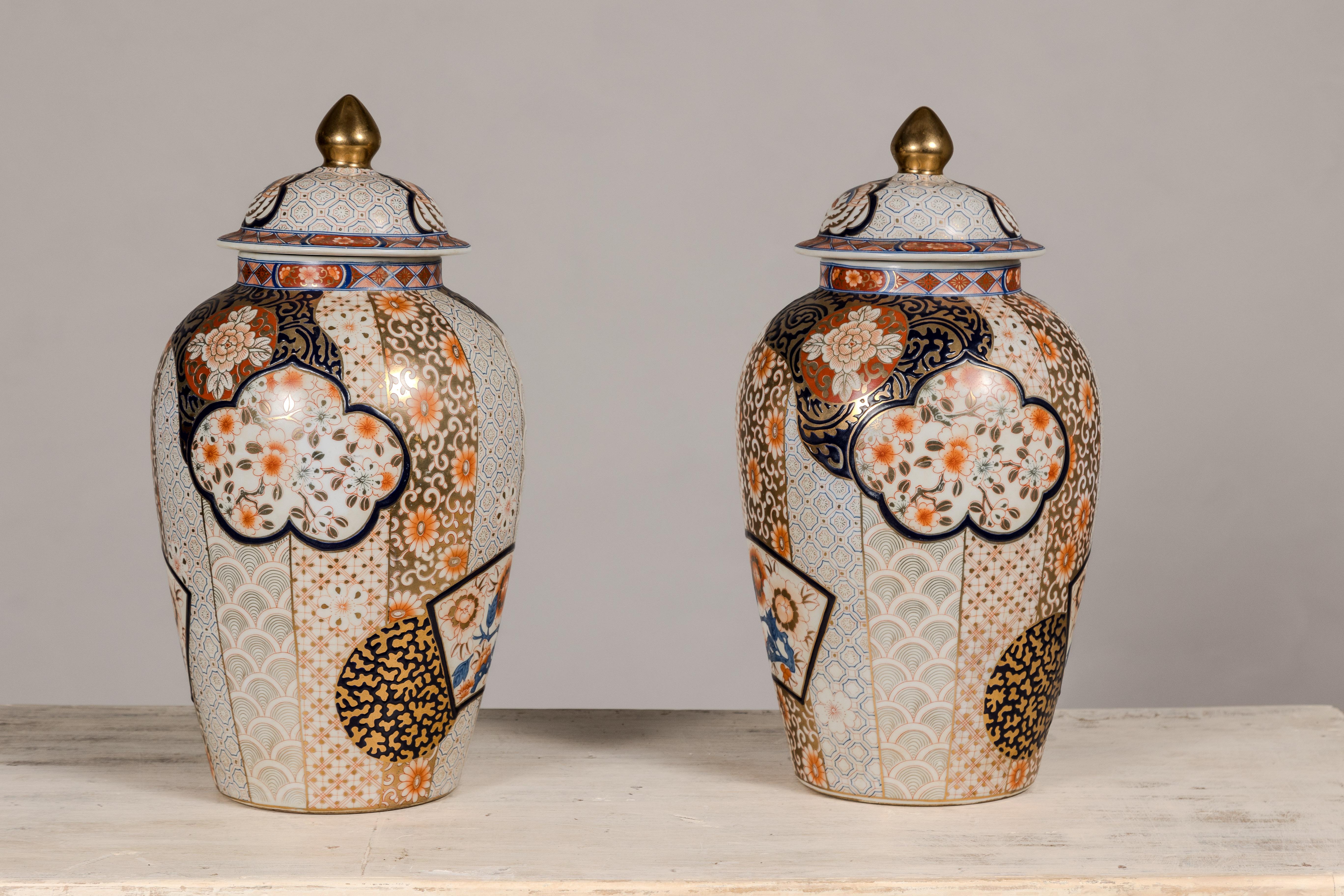 Arita Japanese Style Lidded Jars with Gold, Blue and Orange Floral Motifs For Sale 6