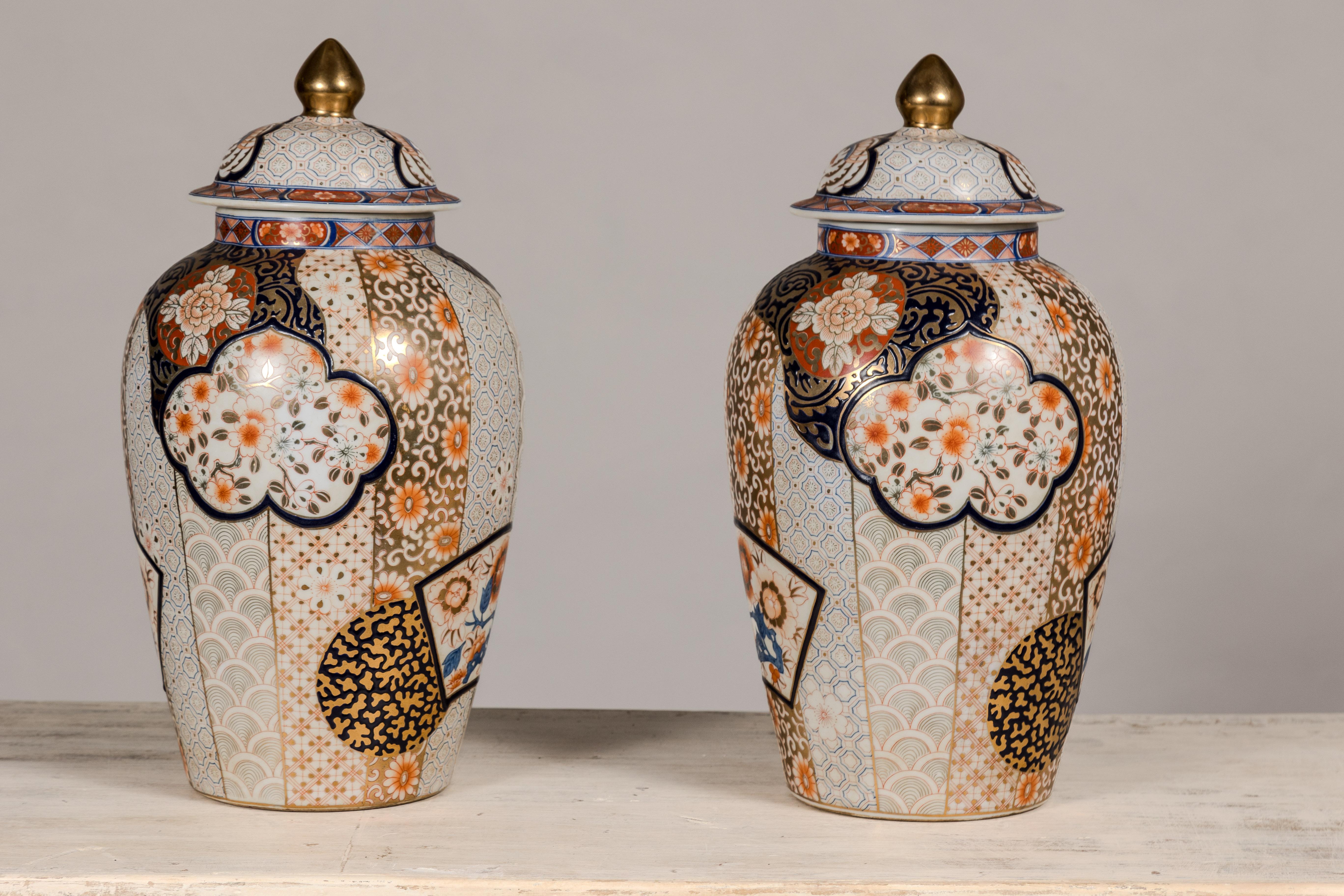Arita Japanese Style Lidded Jars with Gold, Blue and Orange Floral Motifs For Sale 7