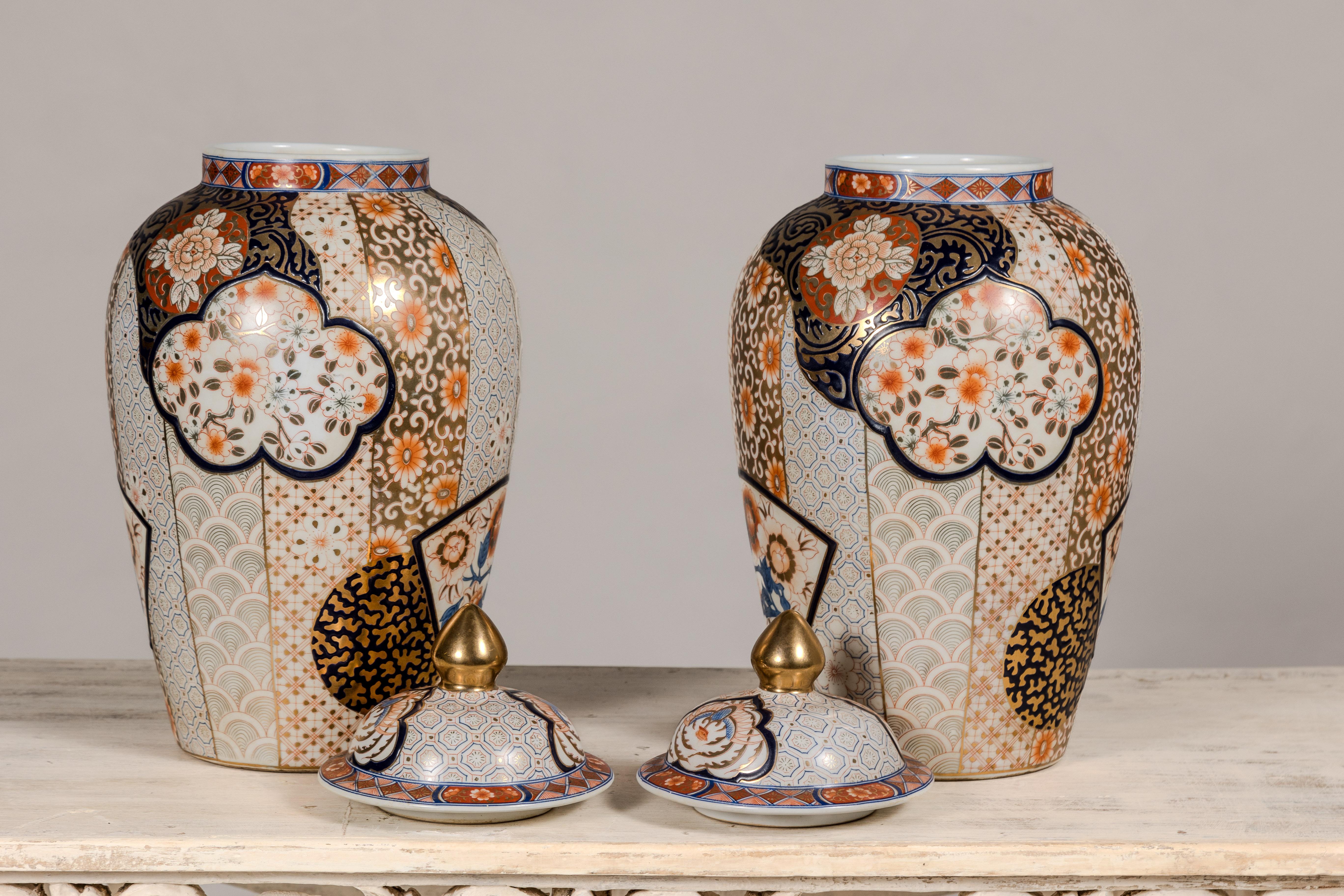 Arita Japanese Style Lidded Jars with Gold, Blue and Orange Floral Motifs For Sale 8