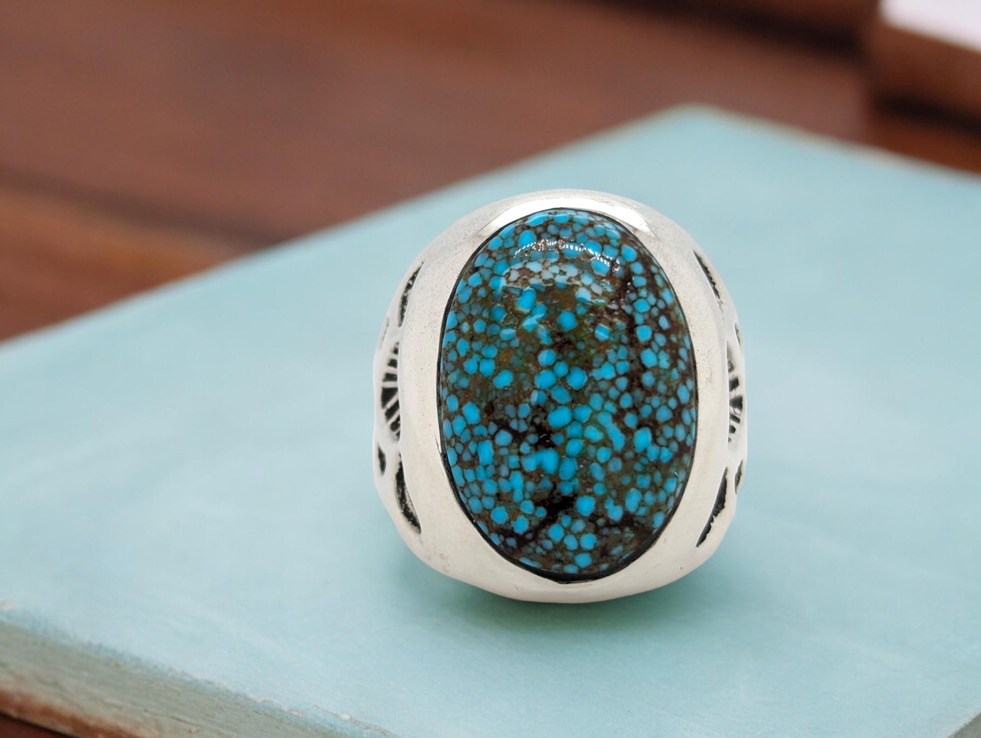Women's or Men's Arizona Artisan: Handmade Kingman Turquoise Ring (Size 9) For Sale