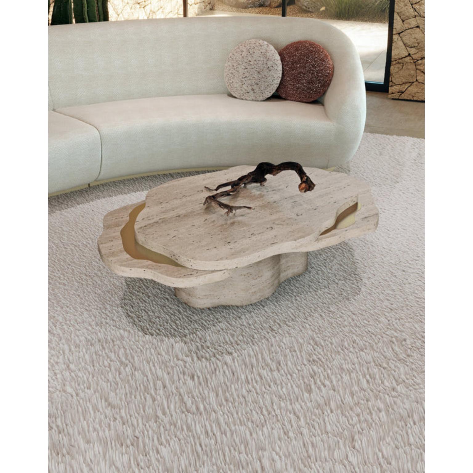 Arizona Coffee Table in Travertine Stone & Brushed Brass by InsidherLand
Dimensions: D 87 x W 140 x H 38 cm.
Materials: Travertine stone and brushed brass.

Created by Architect Joana Santos Barbosa in 2012, InsidherLand is a Portuguese brand of