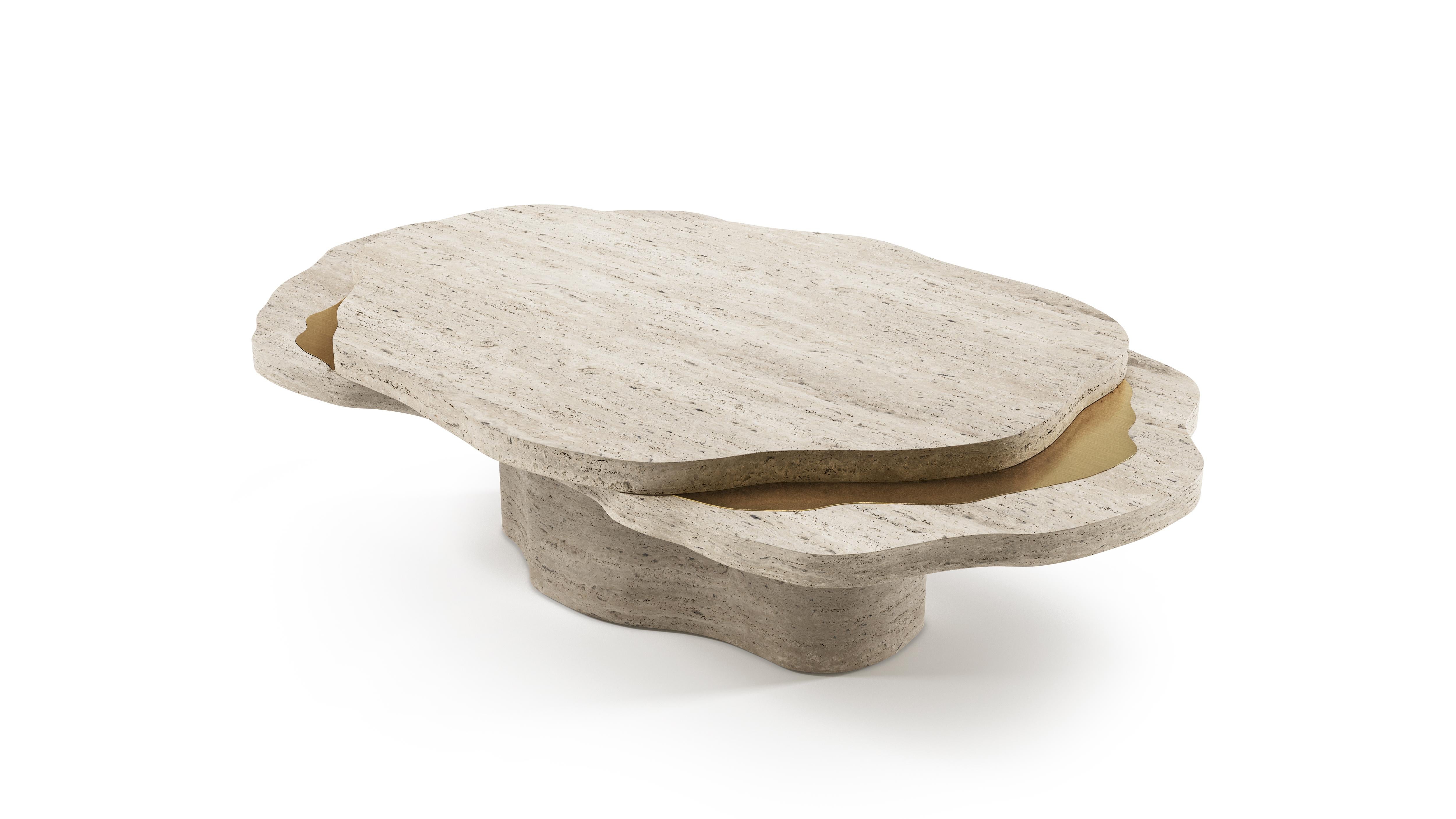 Arizona Coffee Table in Travertine Stone & Brushed Brass by InsidherLand In New Condition For Sale In Geneve, CH