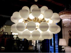 ARIZONA  Mid-Century Modern Brass and White Murano Glass Spheres Chandelier