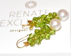 Natural Arizona Peridot, White South Sea Pearl Earrings in18K Solid Yellow Gold