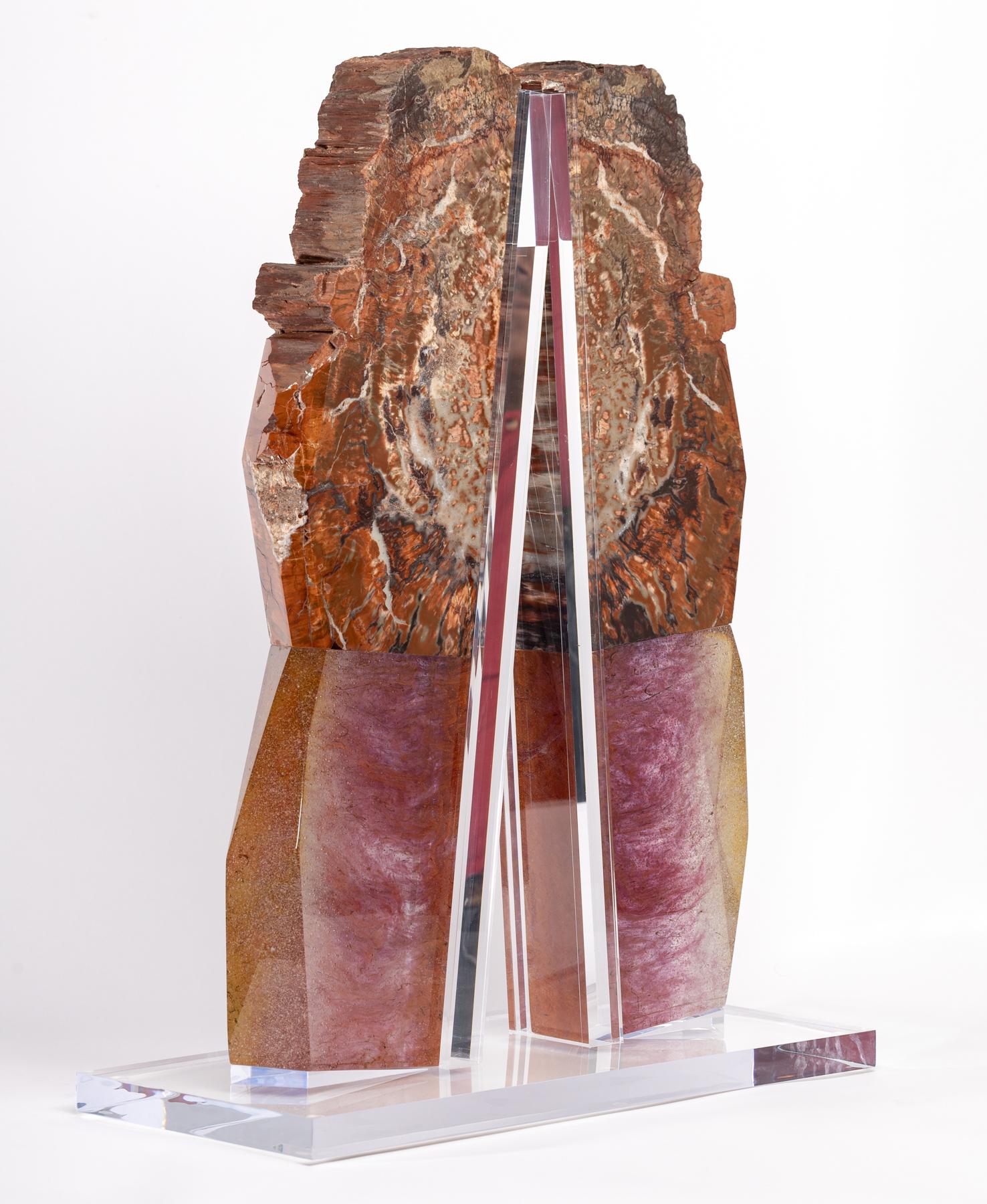 Mexican Arizona Petrified Wood and Boil Glass fusion Sculpture