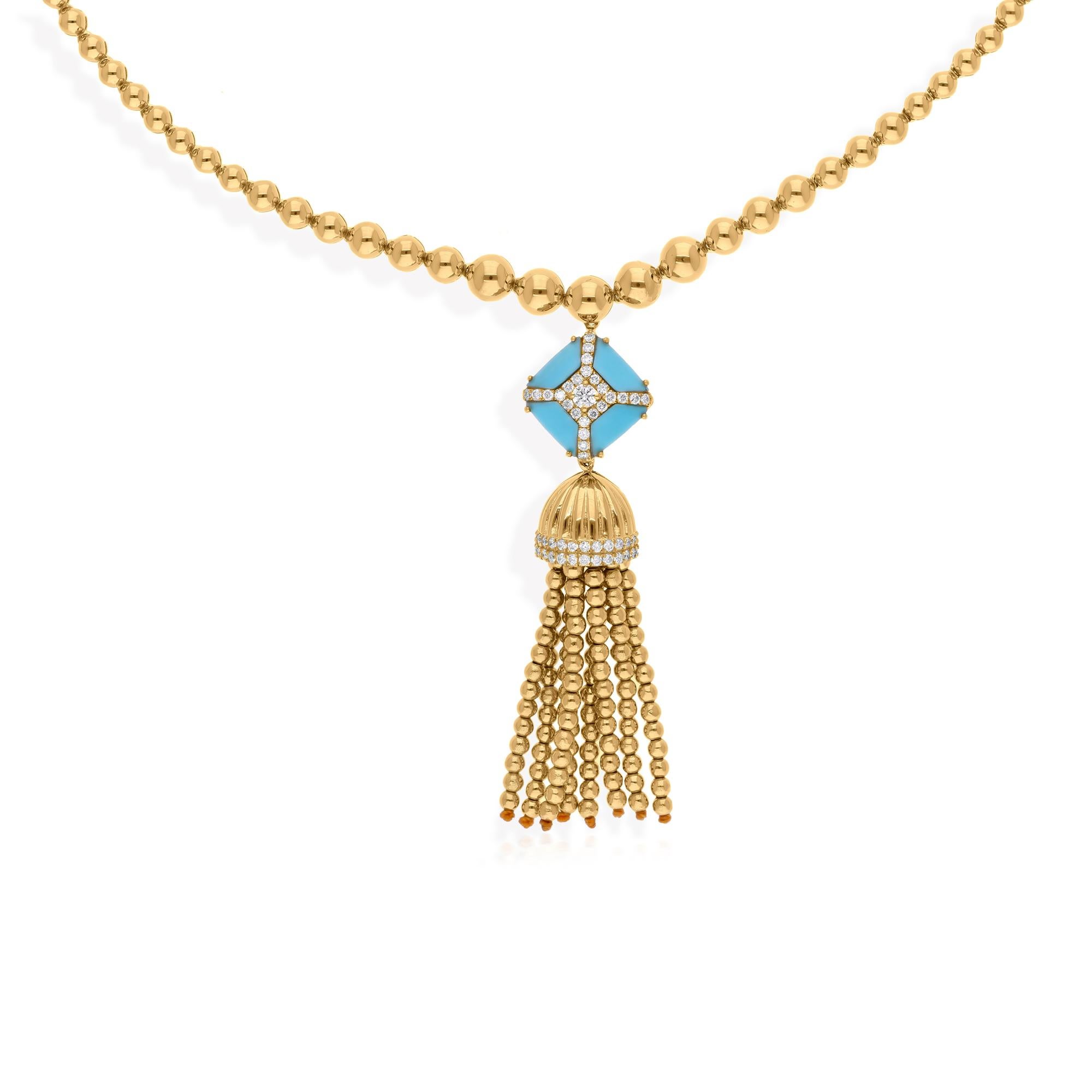 Taille ronde Arizona Turquoise Perles en or jaune 14 carats Collier à pompon Bijoux artisanaux en vente