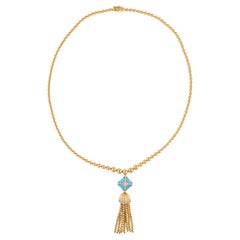 Arizona Turquoise 14 Karat Yellow Gold Beads Tassel Necklace Handmade Jewelry