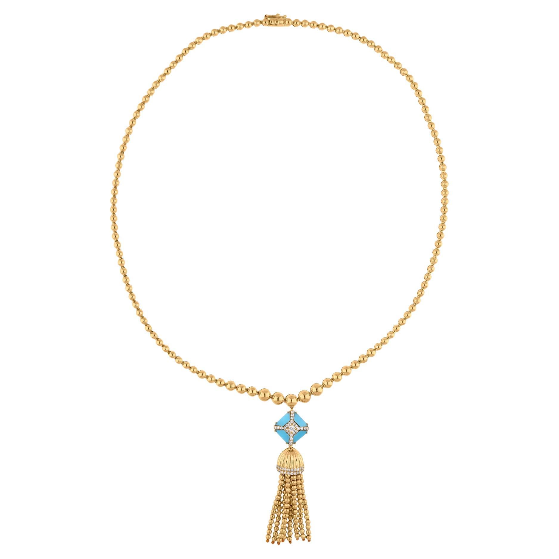 Arizona Turquoise 18 Karat Yellow Gold Beads Tassel Necklace Handmade Jewelry