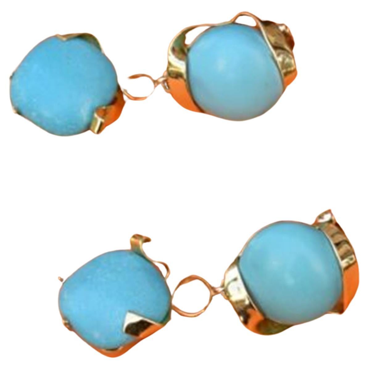 Uncut Arizona Turquoise 18K Yellow Gold Earrings For Sale