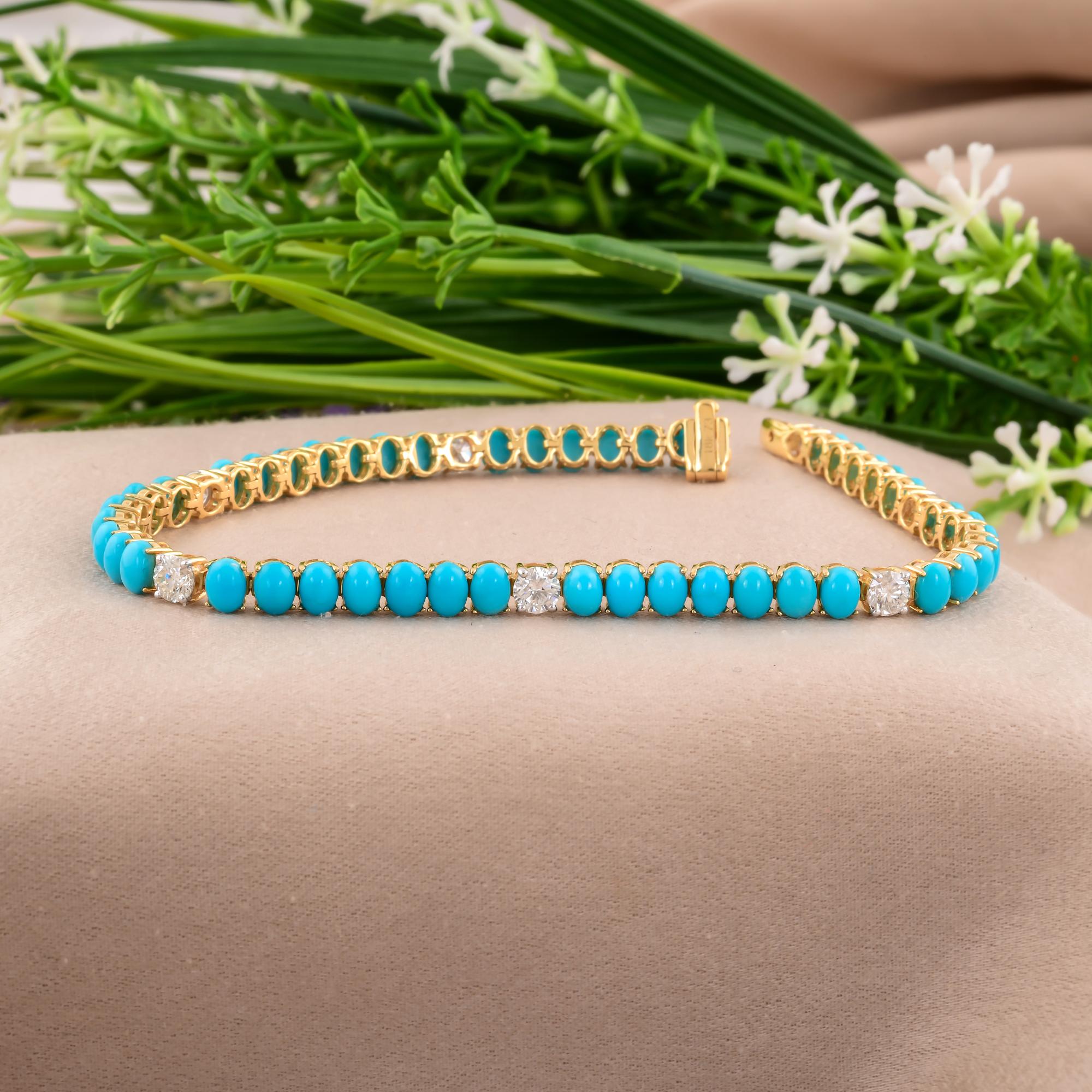 Oval Cut Arizona Turquoise Bracelet SI/H Round Brilliant Cut Diamond 18 Karat Yellow Gold For Sale