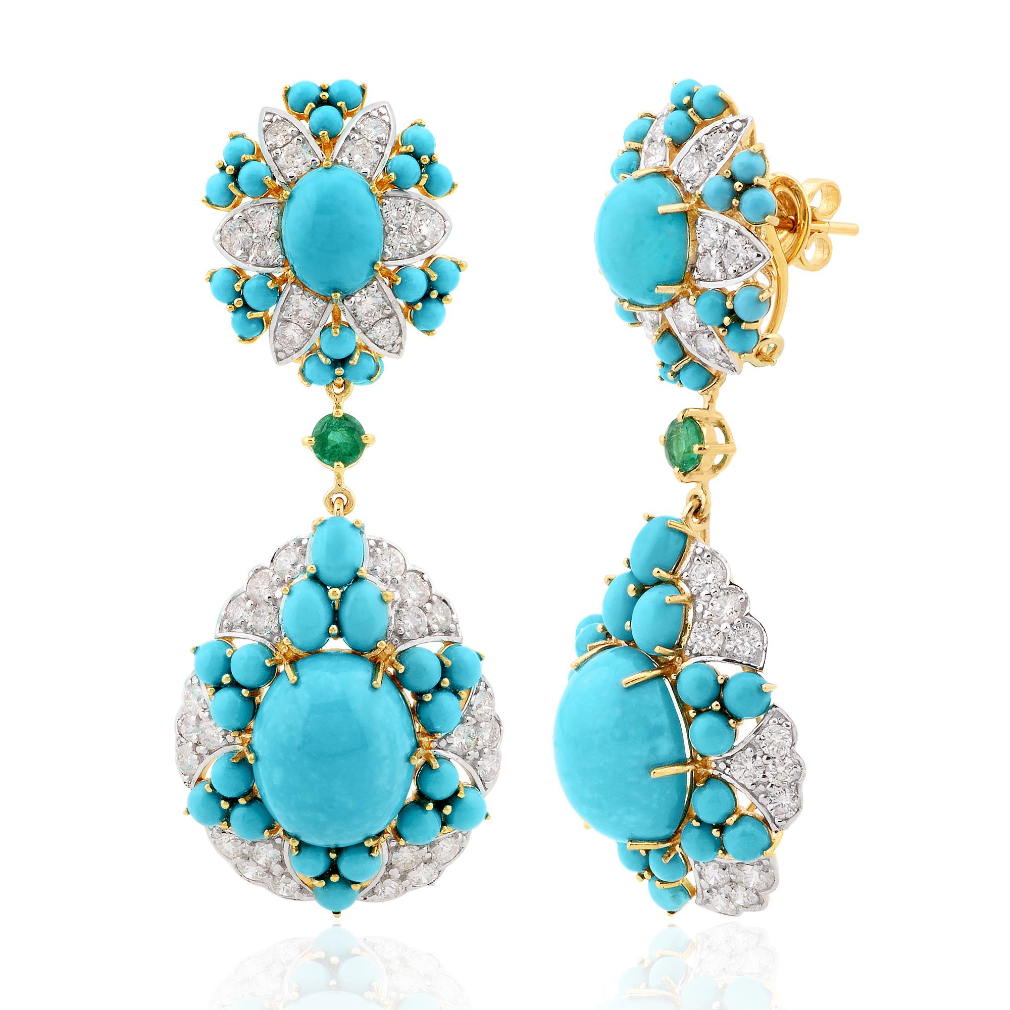 Item Code :- SEE-1742 (14k)
Gross Wt :- 19.90 gm
14k Yellow Gold Wt :- 14.36 gm
Diamond Wt :- 3.70 ct  ( AVERAGE DIAMOND CLARITY SI1-SI2 & COLOR H-I )
Turquoise & Emerald Wt :- 24.00 ct
Earrings Length :- 58 mm approx.

✦