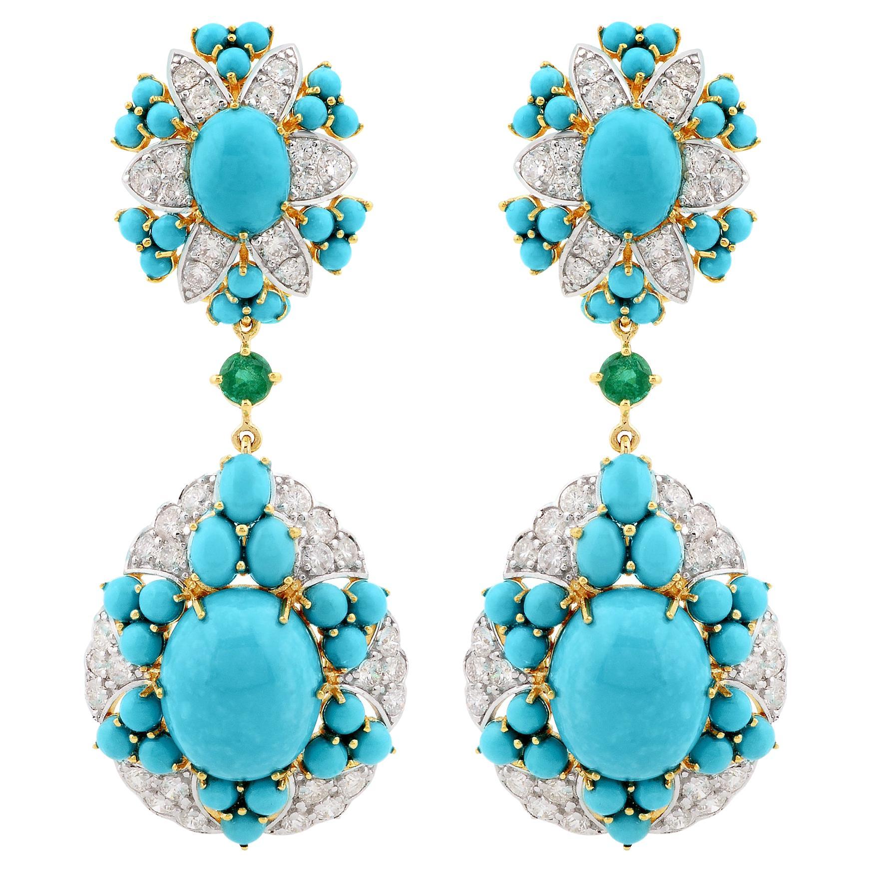 Arizona Turquoise Dangle Earrings Diamond Pave Emerald Gemstone 14k Yellow Gold