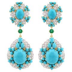Arizona Turquoise Dangle Earrings Diamond Pave Emerald Gemstone 14k Yellow Gold