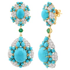 Pendants d'oreilles en or jaune 14 carats avec turquoise d'Arizona et pavé d'émeraudes