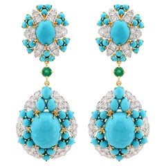 Arizona Turquoise Dangle Earrings Diamond Pave Emerald Gemstone 18k Yellow Gold