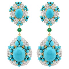 Arizona Turquoise Dangle Earrings Diamond Pave Emerald Gemstone 18k Yellow Gold