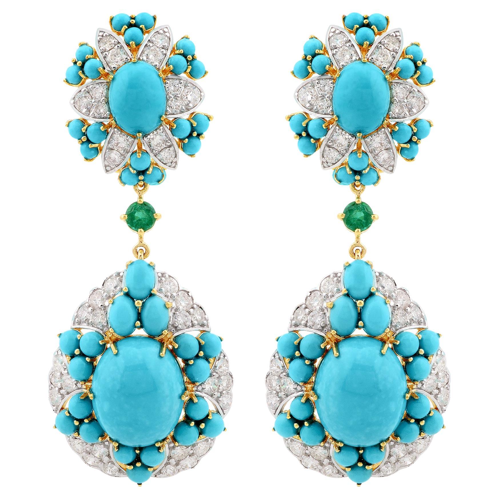 Boucles d'oreilles pendantes en or jaune 18 carats avec turquoise, diamant et émeraude Neuf - En vente à Diera, Dubai