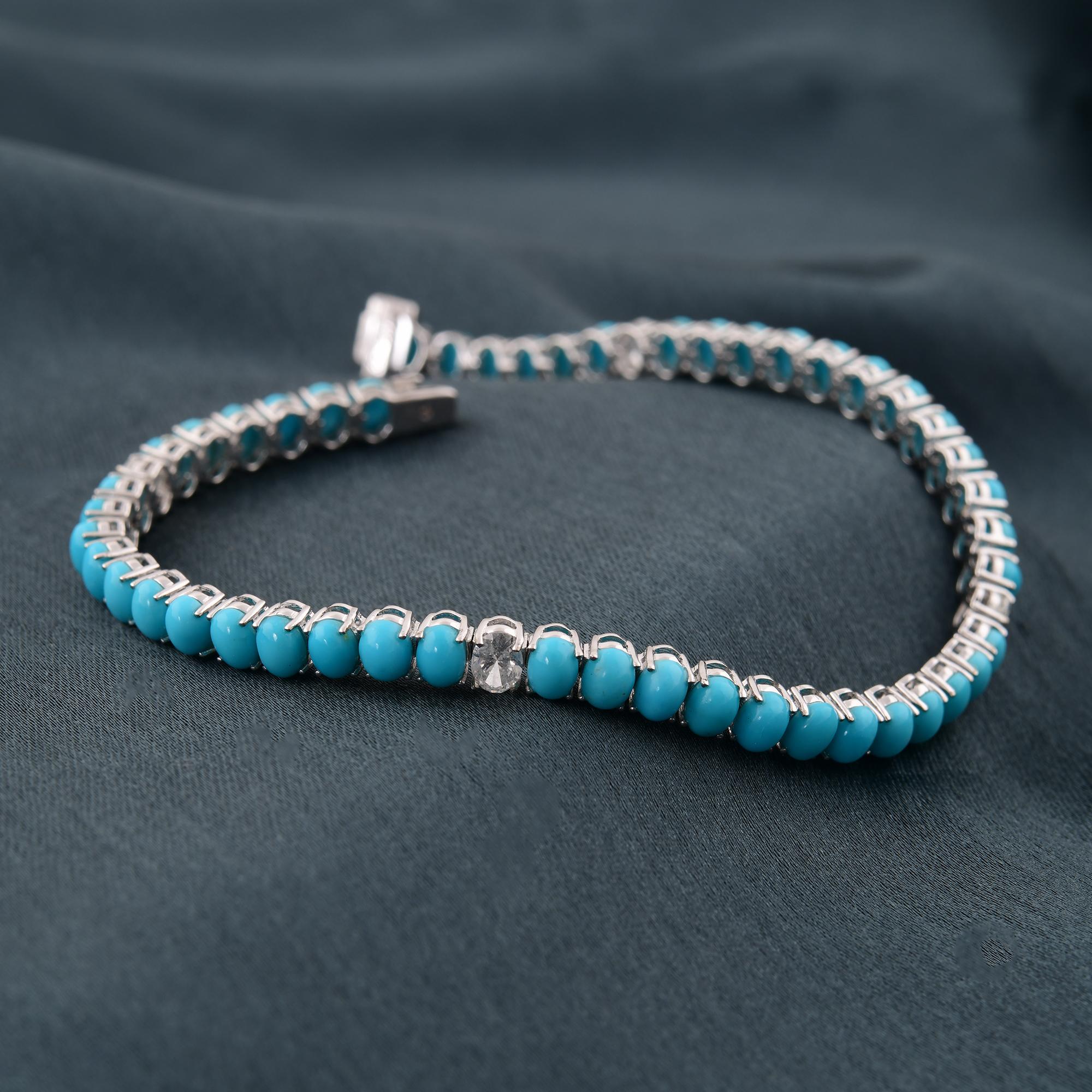 Arizona Turquoise Diamond Tennis Line Armband 14 Karat Weißgold Schmuck (Ovalschliff) im Angebot