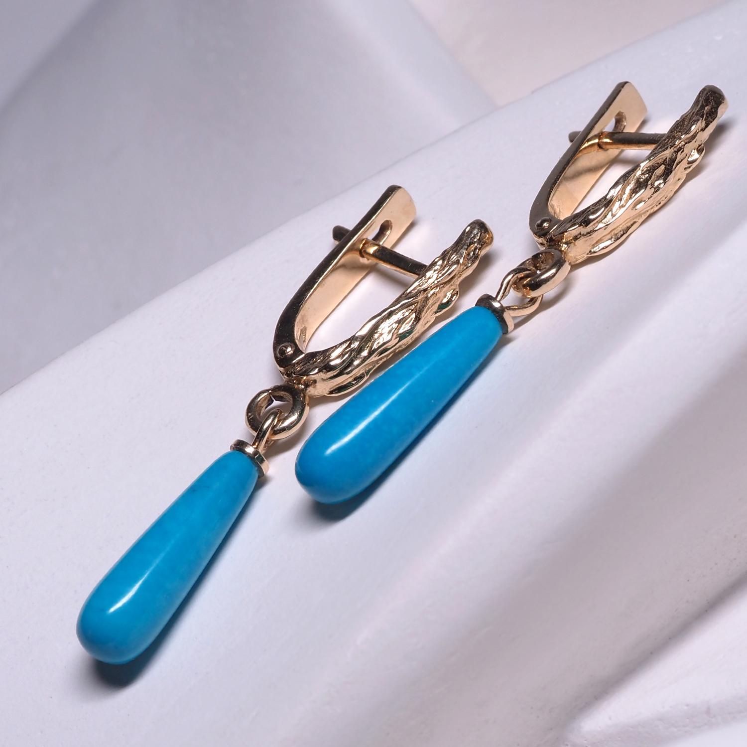 14K yellow gold earrings with natural pear shaped Sleeping beauty Turquoise
turquoise origin - Arizona, United States
gem size is 0.2 х 0.47 in / 5 х 12 mm
earrings weight - 5.19 grams
earrings height - 1.61 in / 41 mm


We ship our jewelry
