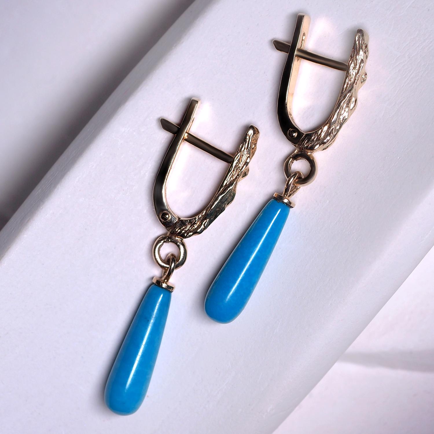 Pear Cut Arizona Turquoise Earrings Yellow Gold Blue Gemstone For Sale
