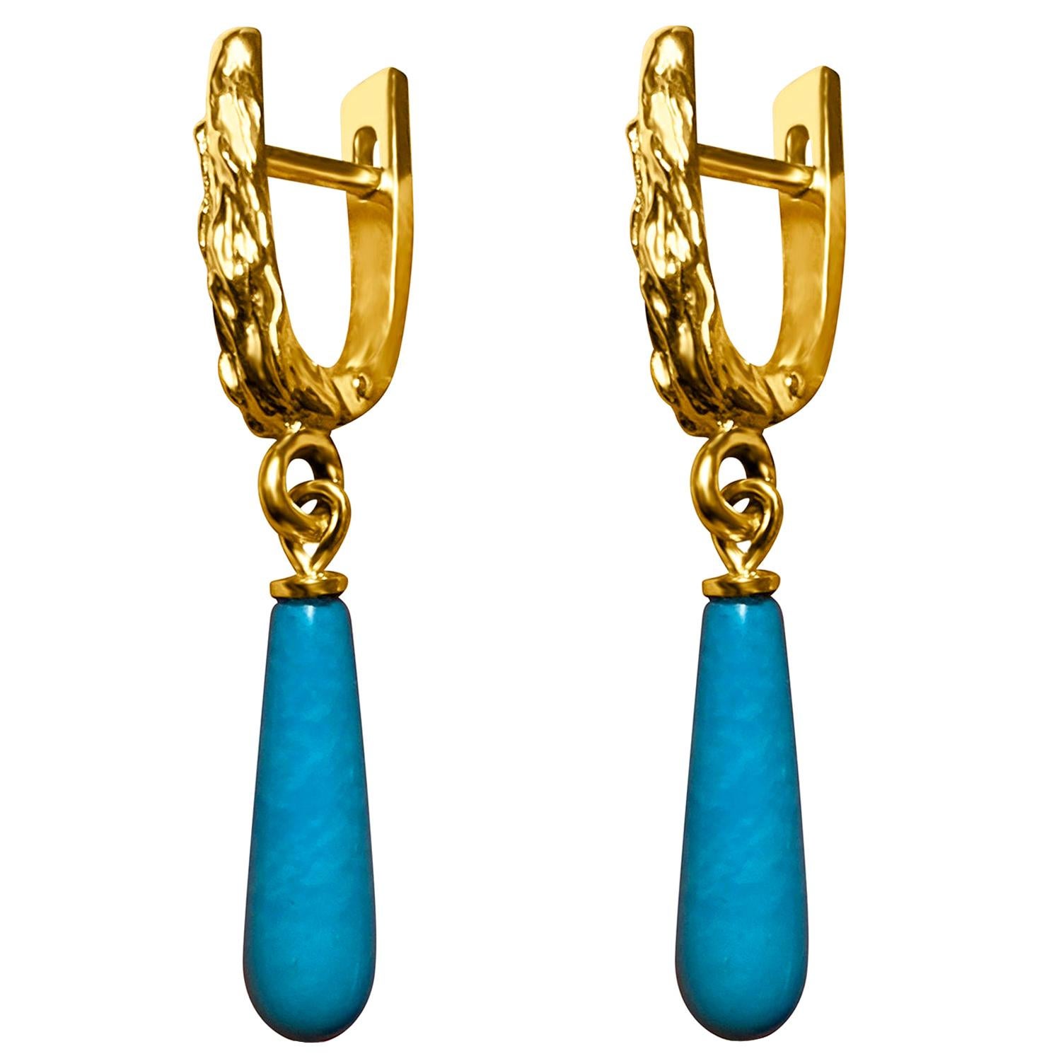 Arizona Turquoise Earrings Yellow Gold Blue Gemstone For Sale