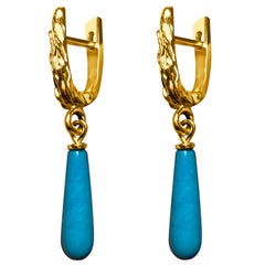 Used Arizona Turquoise Earrings Yellow Gold Blue Gemstone